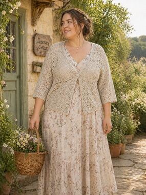 Open Knit Lace Cardigan Taupe 3X Cottagecore 90s Layering Spring Coastal Beach